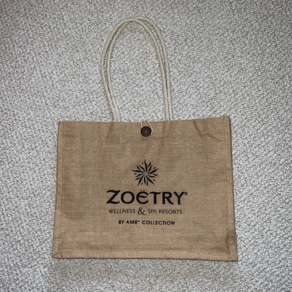 Zoetry Wellness & Spa Resort Jute Tote Bag with Button Closure 18”w x 14”l